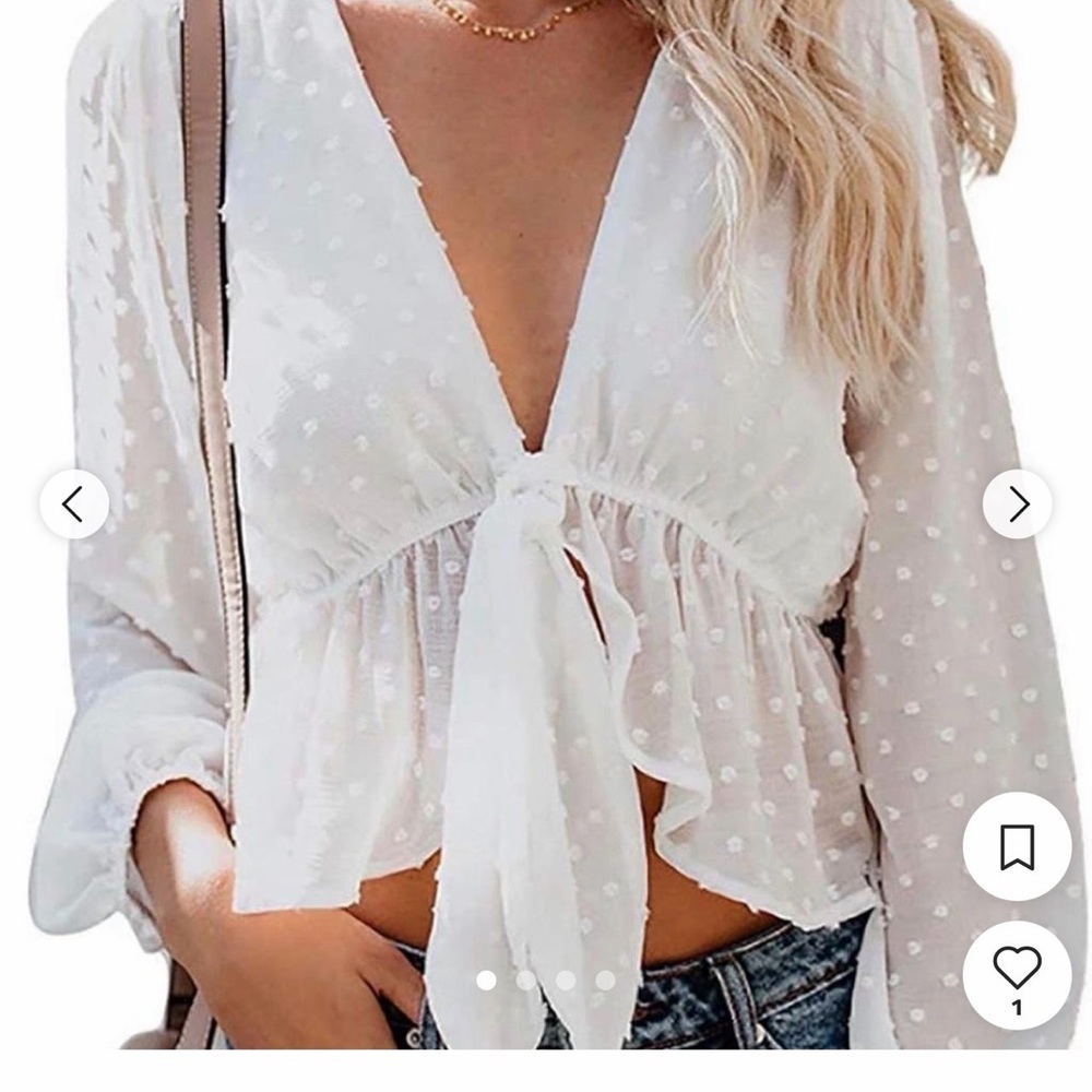 Tie-Front Swiss Dot Crop Top - White - Picture 7 of 7